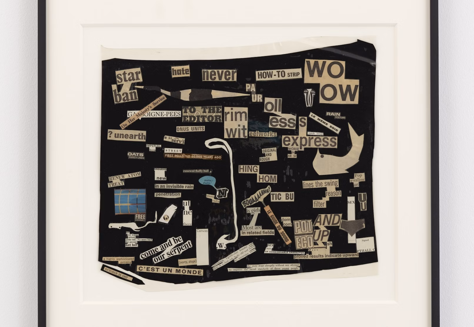 A collage piece with a white frame prominently features a chaotic yet meticulously arranged collection of words and phrases cut from various sources, juxtaposed against a stark black background. The text varies in font size, style, and orientation, creating a visually stimulating and puzzling composition.  Among the phrases that stand out are "star ban," "hate never," "HOW-TO STRIP," "WO TOW," "rain," "express," and "come and be our serpent." The artist integrates these fragments alongside shorter snippets like "rim," "wit," "HING," "HOM," "TIC BU," and "filter," weaving a tapestry of language that invites interpretation.  Scattered throughout the collage are small, abstract shapes and symbols, adding to the complexity and intrigue of the artwork. A curved white line, resembling a stylized snake or a twisting road, meanders through the center, guiding the viewer's eye across the composition.  The deliberate use of black and white accentuates the contrast between the textual elements and the background, highlighting the individual components while contributing to the overall sense of discord. The piece exudes a raw, unconventional aesthetic, challenging viewers to discern meaning from the assemblage of fragments.