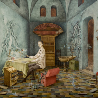 An interior illustration presents a figure seated at a table in a room with surreal elements. The hues are muted, predominantly blues, greens, and browns, giving the scene a vintage and ethereal quality.  A slender individual dressed in a light-colored jacket sits at a table draped with a pale yellow cloth. They are positioned to the left of the frame, their gaze directed forward as if pondering. The table is cluttered with an assortment of items, including what appears to be musical notations and small objects.  To the left of the table is a small, rickety-looking cabinet with drawers. Resting on top is an open book and various trinkets. To the right of the figure is a red chest, slightly open, revealing a jumble of items.  The room itself has a unique architecture, with arched doorways, aged walls, and a tiled floor in a checkerboard pattern of blue, brown, and green hues. The walls display curious, torn or peeling sections, revealing abstract, ghostly shapes. Above, a bookshelf is integrated into the wall with a draped fabric above looking like a bed. Nearby, small birds flutter in the air, adding to the whimsy of the scene.  The overall atmosphere is one of introversion, creativity, and imaginative exploration.