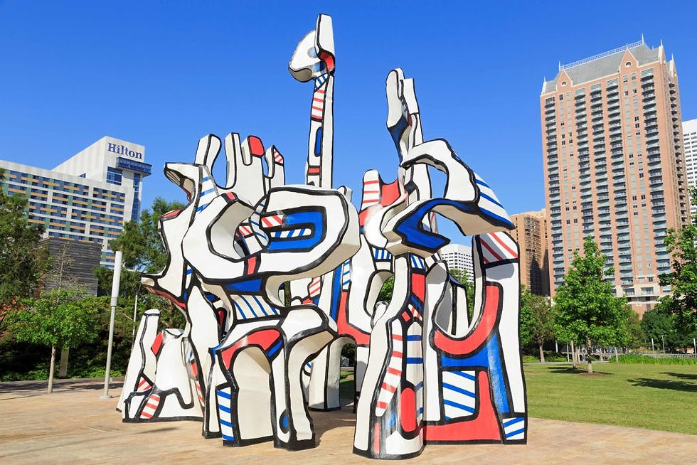 A graphic public art abstract sculpture, in black, red and white called 'Monument Au Fantome' by Jean Dubuffet