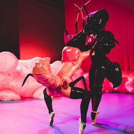 On a dance stage with a pink floor and red backdrop, two dancers are performing in elaborate ant costumes. The dancer on the right is costumed as a black ant, wearing a shiny bodysuit, tights, and ballet shoes and has a large black headpiece with long antennae. The dancer on the left is costumed as an orange ant, with a similar bodysuit, tights, and ballet shoes, paired with their large, orange abdomen.  Giant pink and white blobs sit behind them. They are close together, the black ant is slightly behind the orange ant. The scene is dramatically lit, creating intense colors. The overall effect is surreal and theatrical.