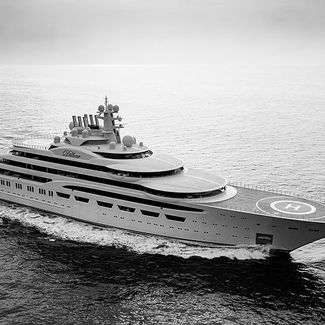 black and white outdoor image of the yacht bespoke commissioned by Artelier called M/Y DILBAR by Lürssen, 156m