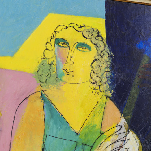 up close shot of a colourful neo modern portrait of a woman with yellow skin, a green dress and curly hair with geometric bright bold backgrounds of blues and pinks