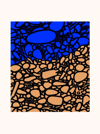 print by patrick caulfield showing round cirlces in thick black with the bottom half in orange and top half in blue