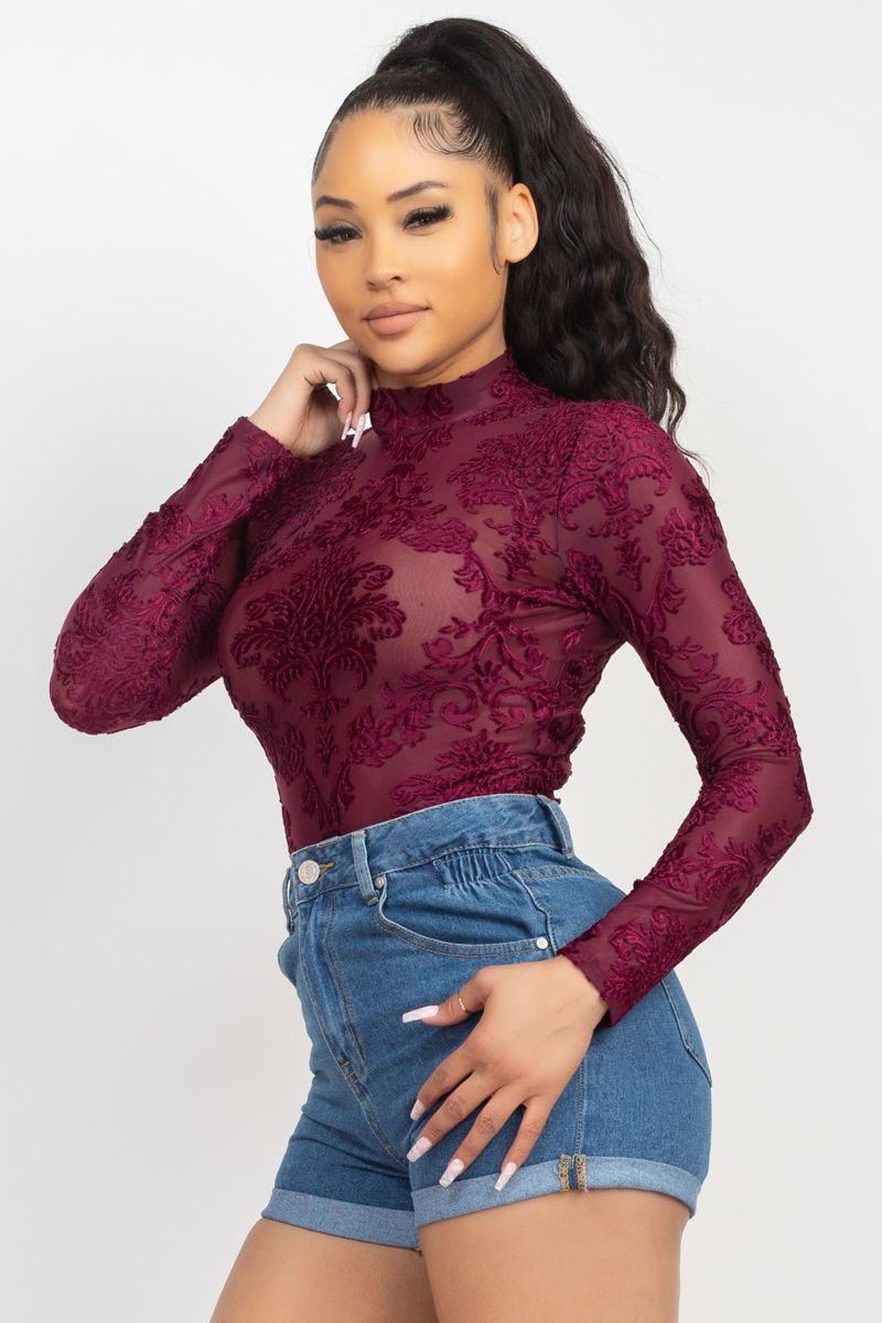 Thumbnail: Embroidered Mock Neck Keyhole Bodysuit
