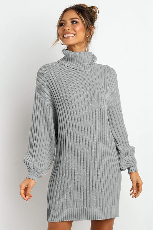 Gray Turtleneck Balloon Sleeve Sweater Dress | Marnista Gray Turtleneck Balloon Sleeve Sweater Dress | Marnista