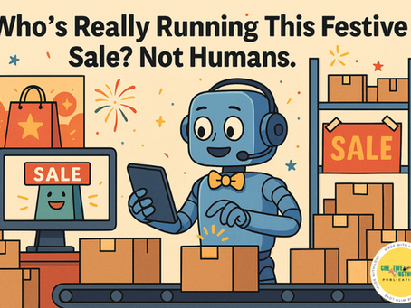 Cartoon illustration of AI in e-commerce managing festive shopping with excited customers and gift boxes