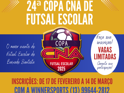 Inscrições abertas para a 24ª COPA CNA DE FUTSAL ESCOLAR 