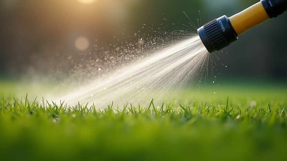 Eye-level view of garden hose spraying artificial turf