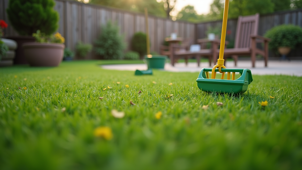 Eye-level view of artificial turf with pet waste cleanup tools nearby