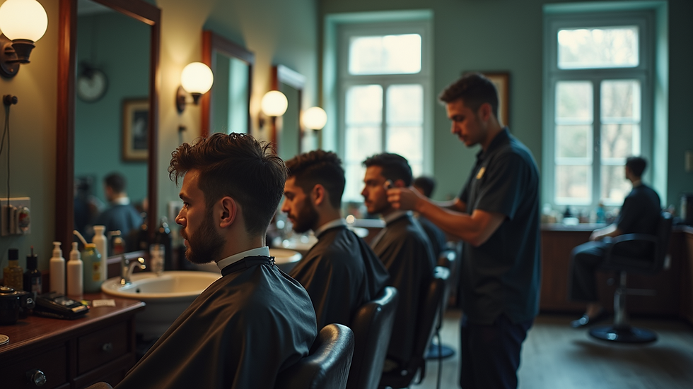 High angle view of barber classroom with students practicing haircutting
