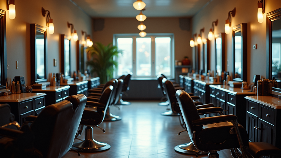 High angle view of a barber shop interior with chairs and mirrors ready for clients
