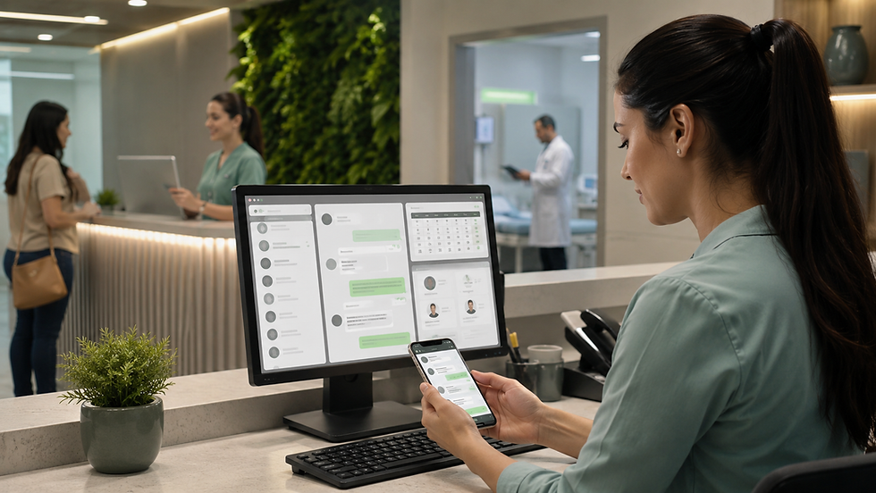 Recepcionista de clínica médica usa celular e computador com sistema de atendimento digital, enquanto pacientes e profissionais de saúde aparecem ao fundo em um ambiente moderno e organizado.