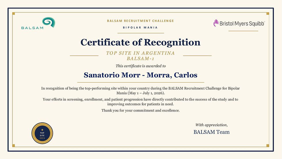 Certificado de Reconocimiento: Top Site de Argentina en BALSAM-1, otorgado por Bristol Myers Squibb al Sanatorio Morra