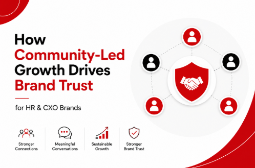 Infographic reading How Community-Led Growth Drives Brand Trust, with handshake shield and connected user icons for HR & CXO brands.