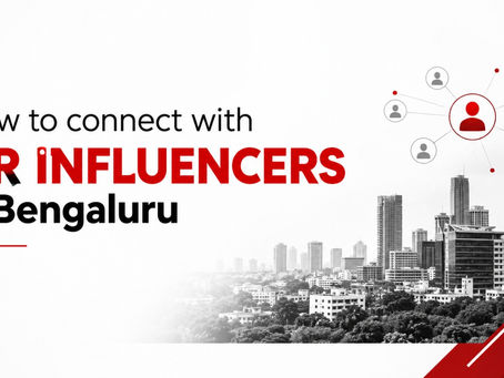 Title slide: How to connect with HR Influencers in Bengaluru, with network icon and city skyline in red, white, and black.