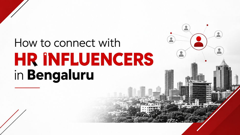 Title slide: How to connect with HR Influencers in Bengaluru, with network icon and city skyline in red, white, and black.