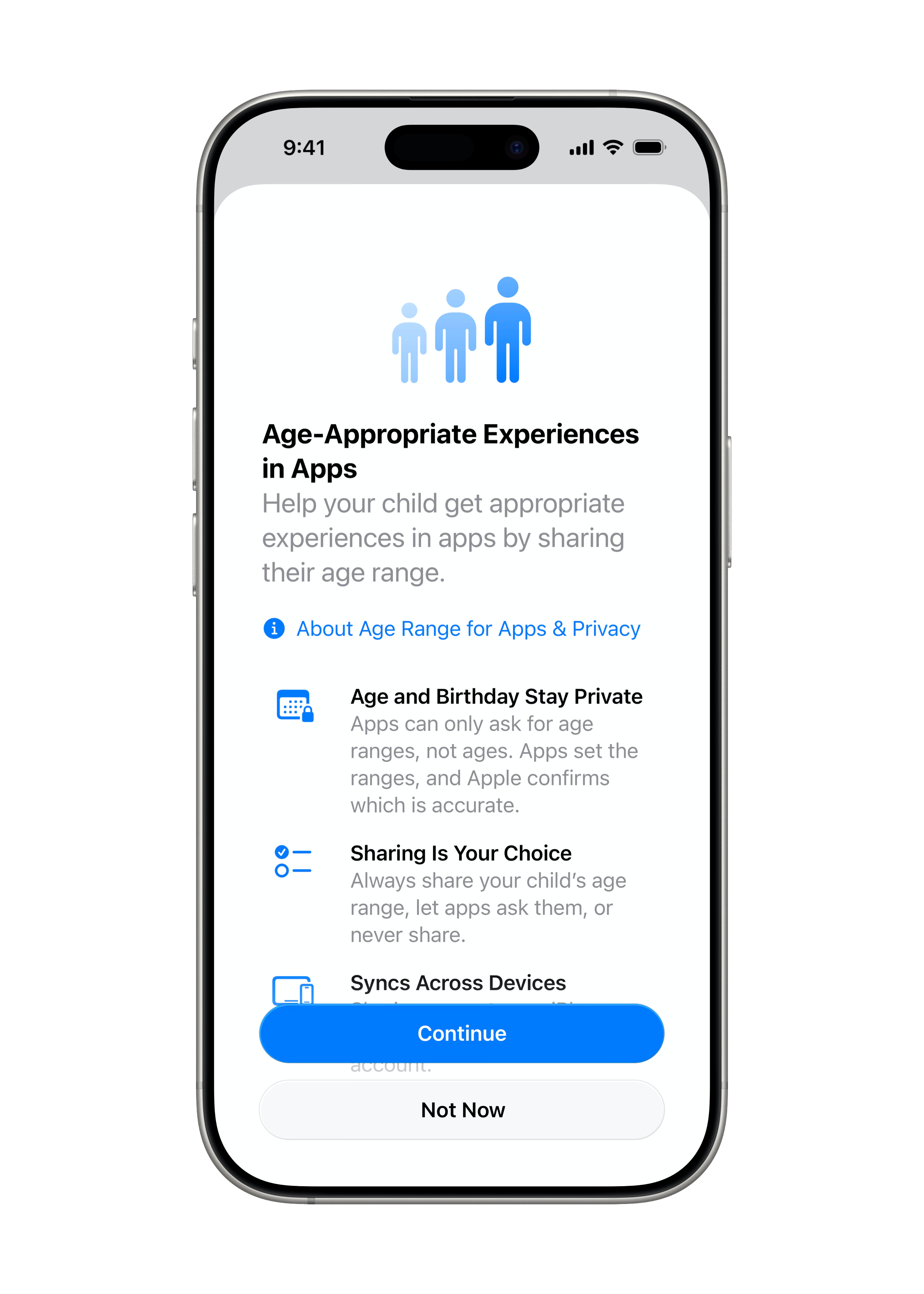 La fonctionnalité Declared Age Range est présentée sur un iPhone 16 Pro.