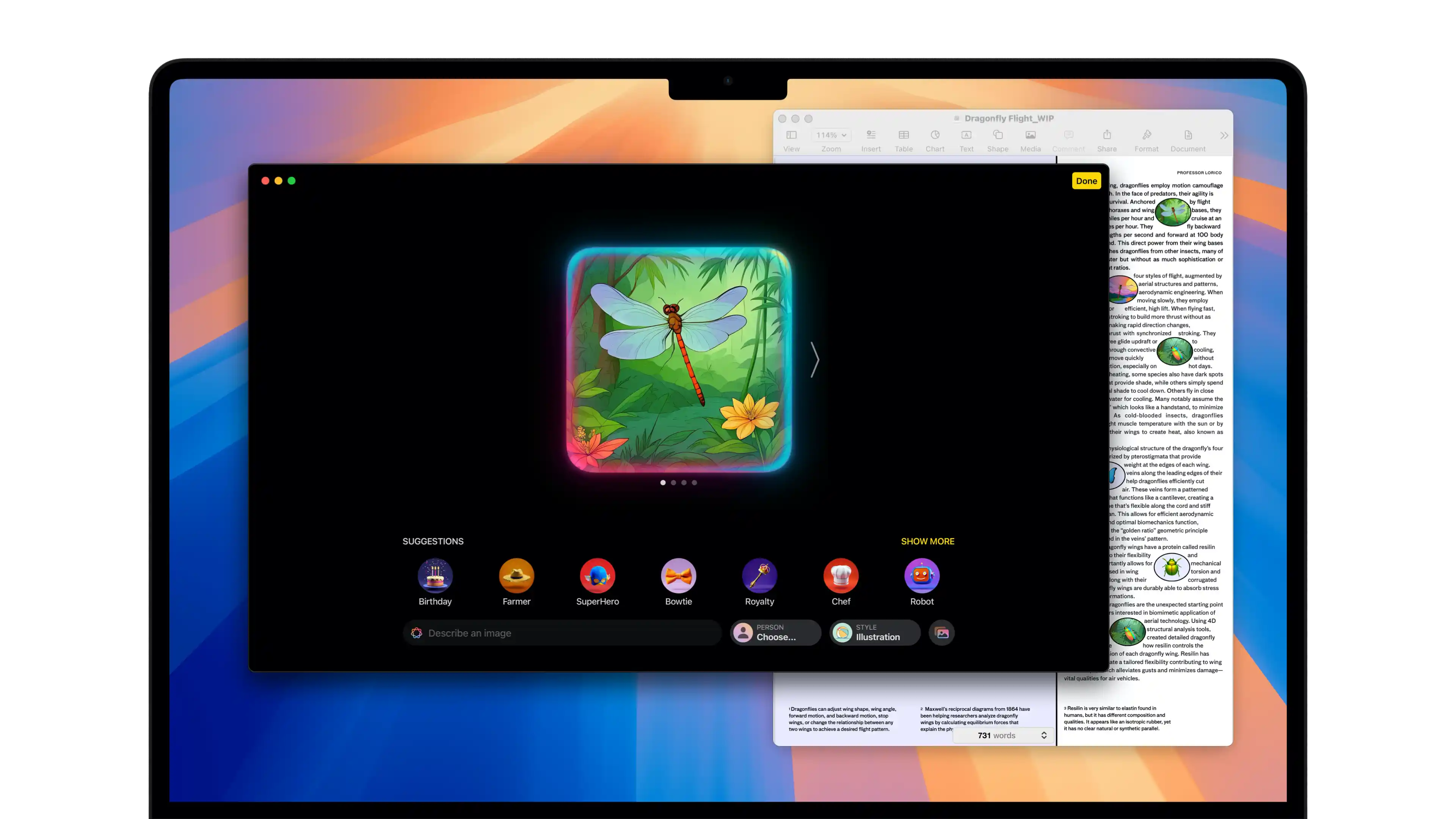 Un MacBook Air affiche une illustration de libellule dans Image Playground.