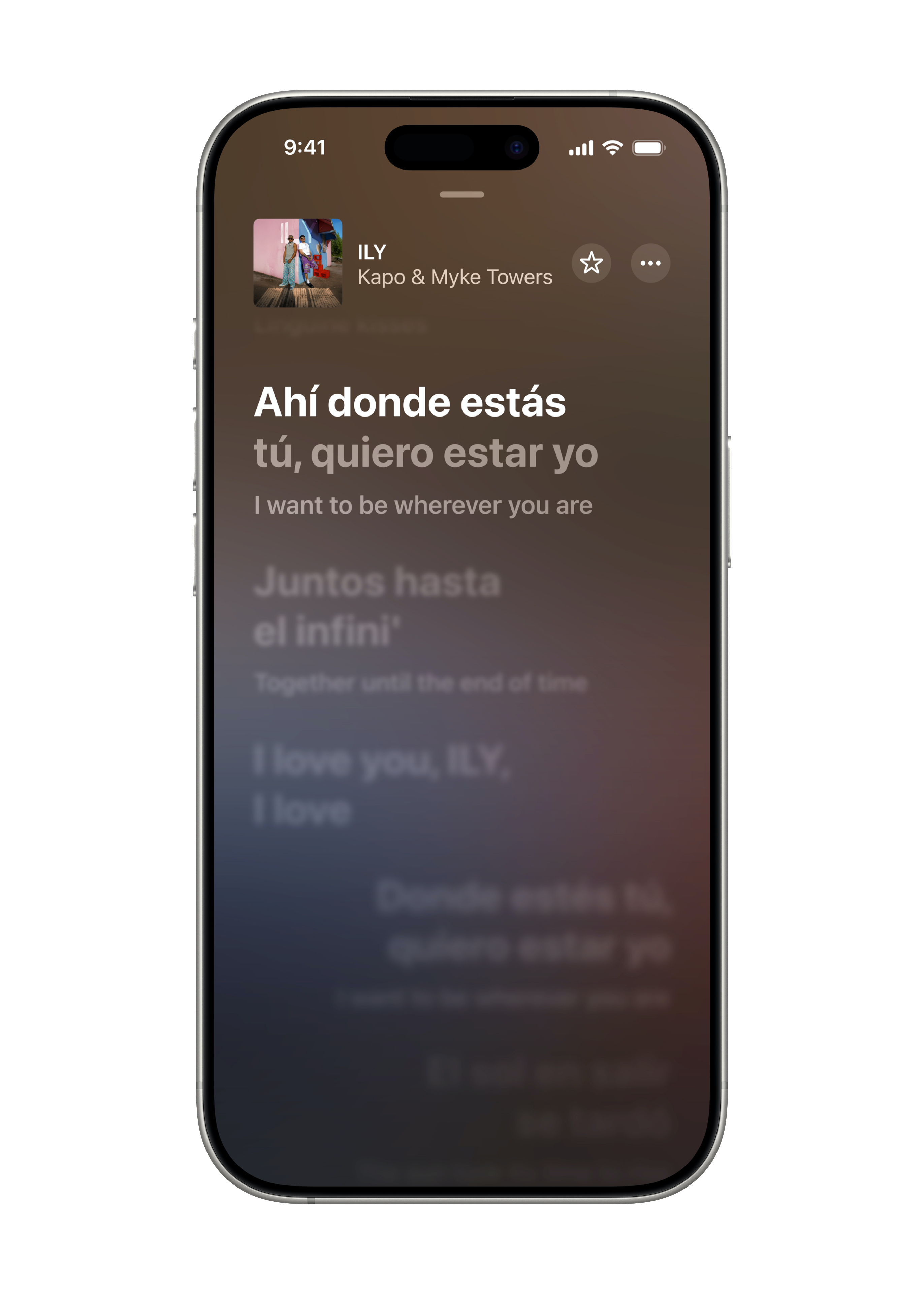 La nouvelle fonctionnalité Traduction des paroles est affichée dans Apple Music sur un iPhone 16 Pro.