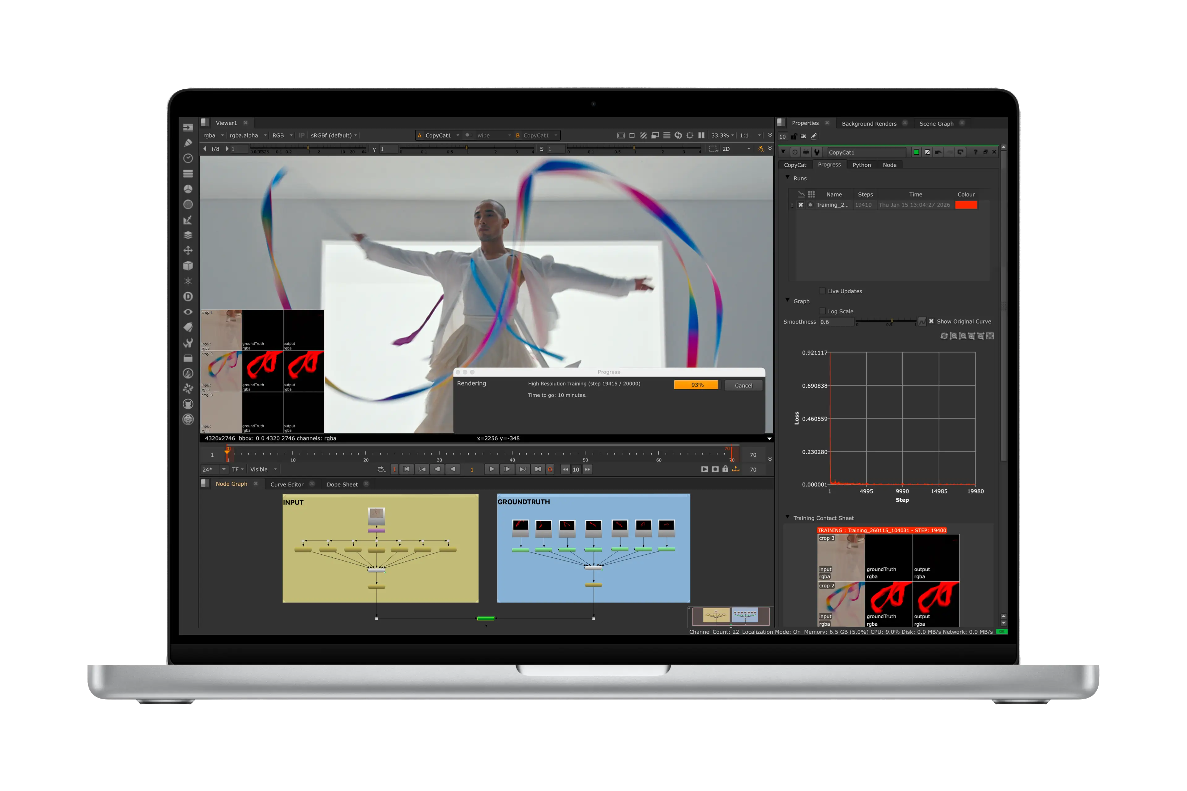 Un MacBook Pro affiche un écran de montage vidéo dans NukeX.
