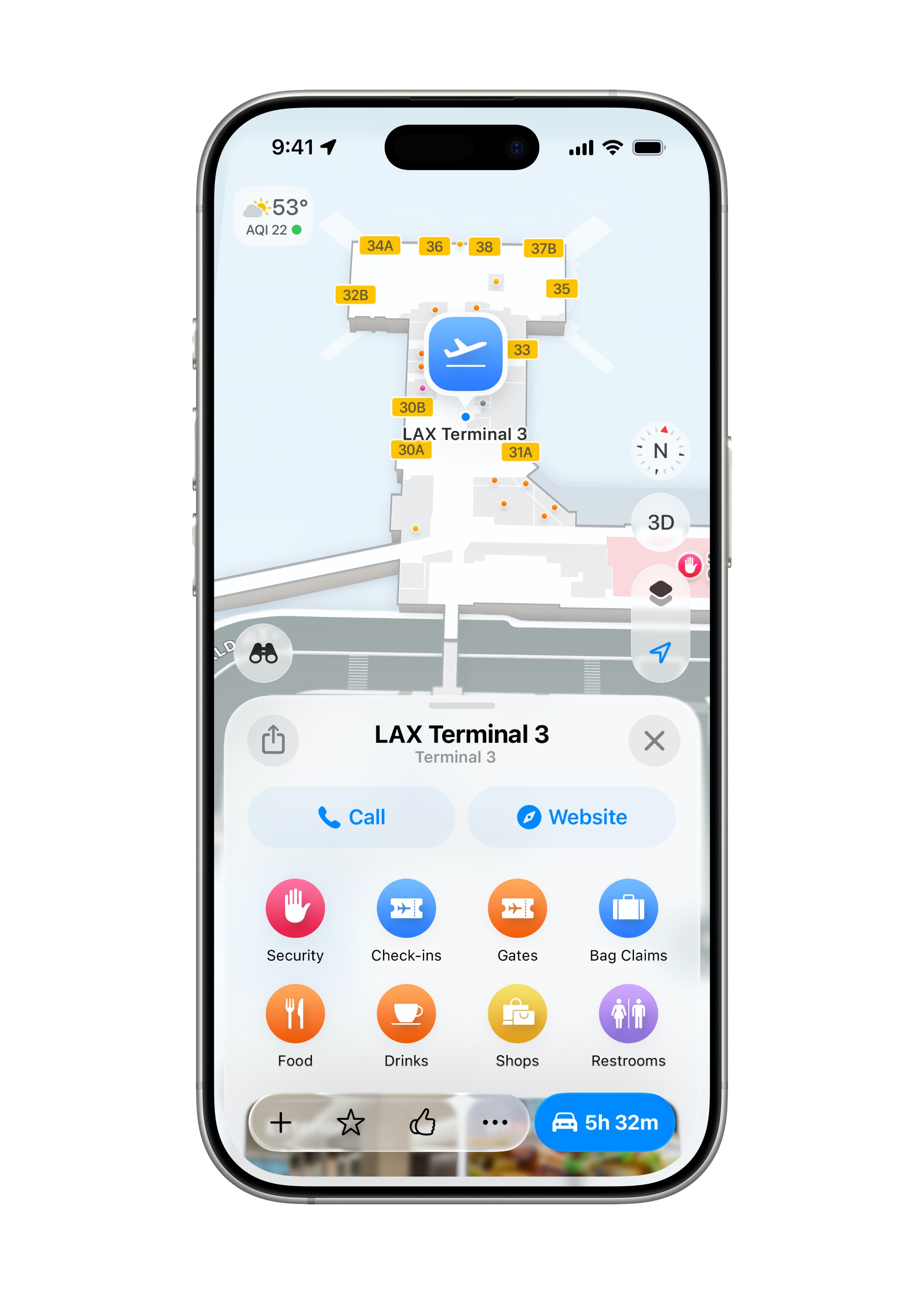 Sur un iPhone 16 Pro, l’app Plans indique l’itinéraire à suivre dans le Terminal 3 de l’aéroport international de Los Angeles.