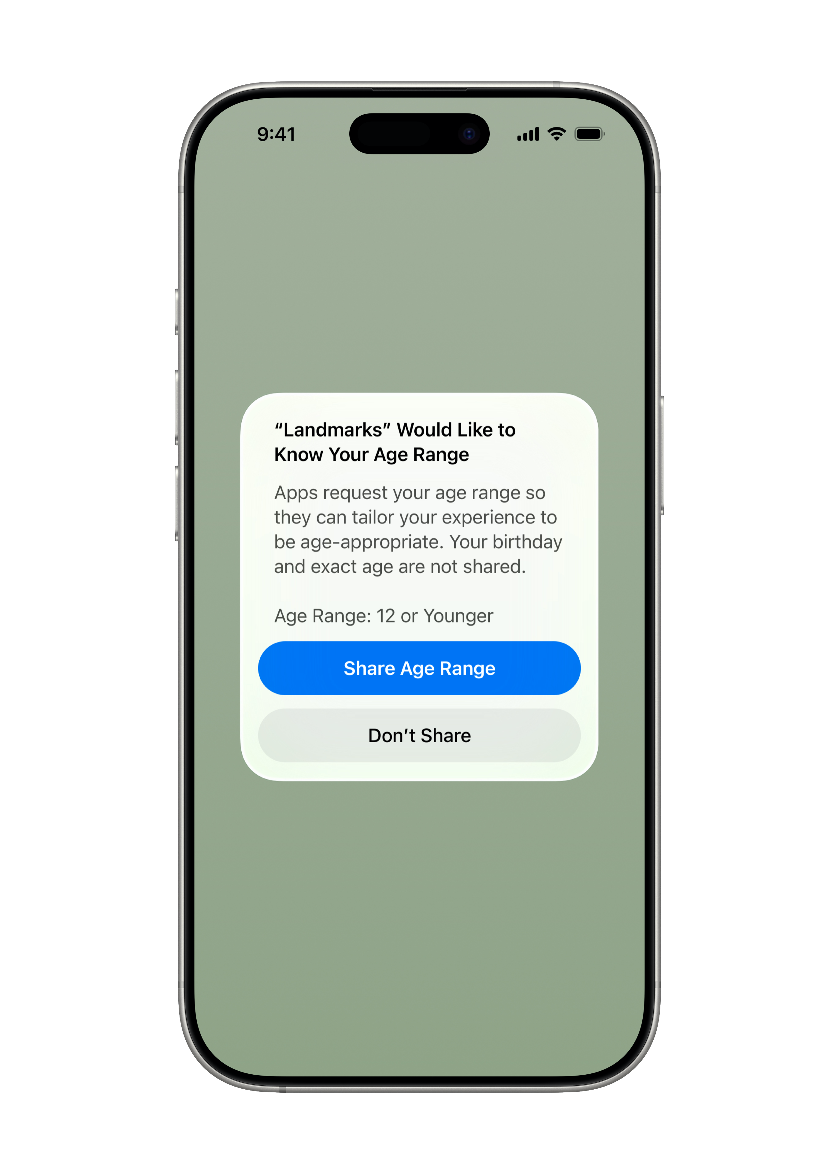 Sur un iPhone 16 Pro, une invite provenant d’une app demande à l’utilisateur d’indiquer une tranche d’âge.