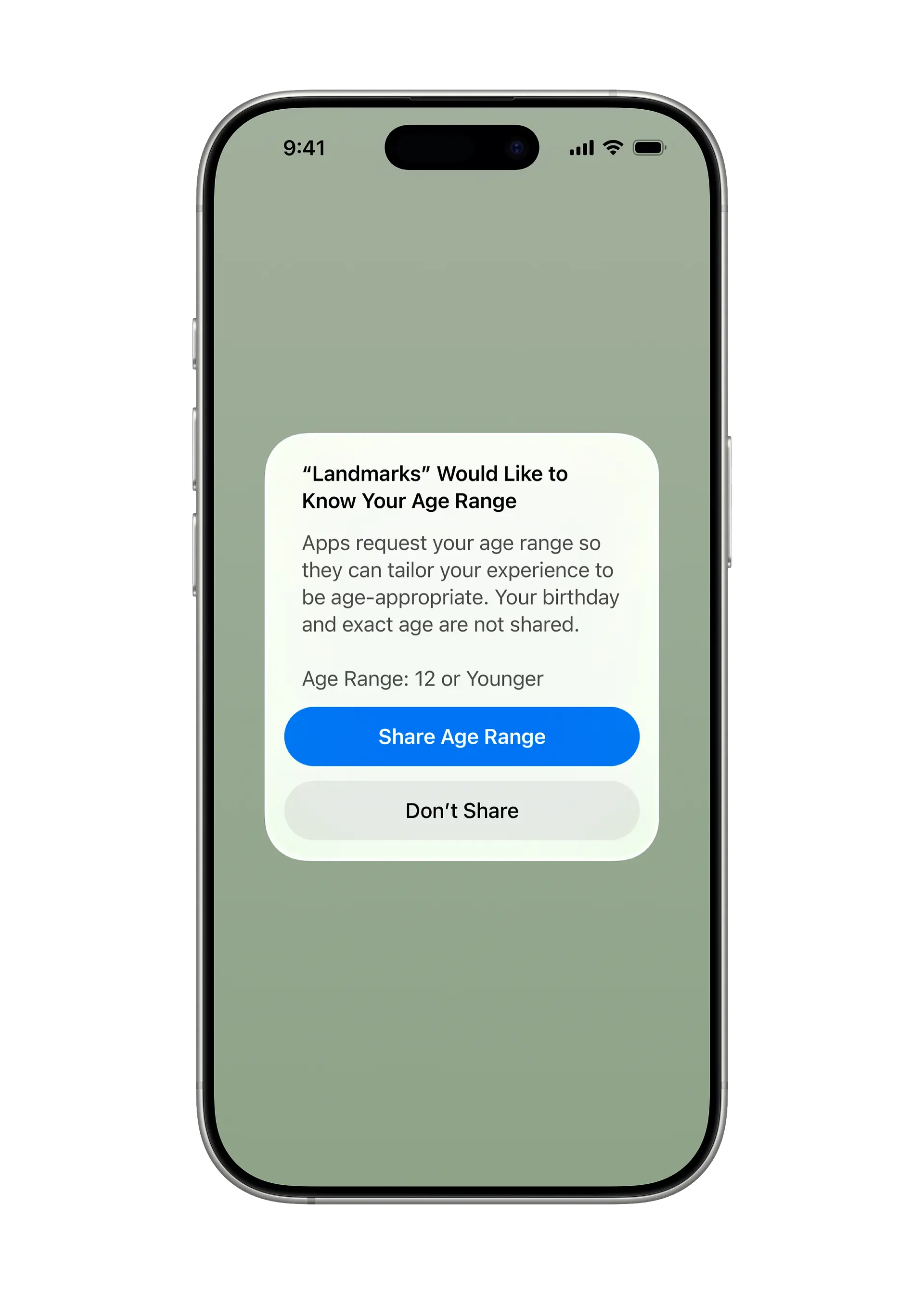 Sur un iPhone 16 Pro, une invite provenant d’une app demande à l’utilisateur d’indiquer une tranche d’âge.