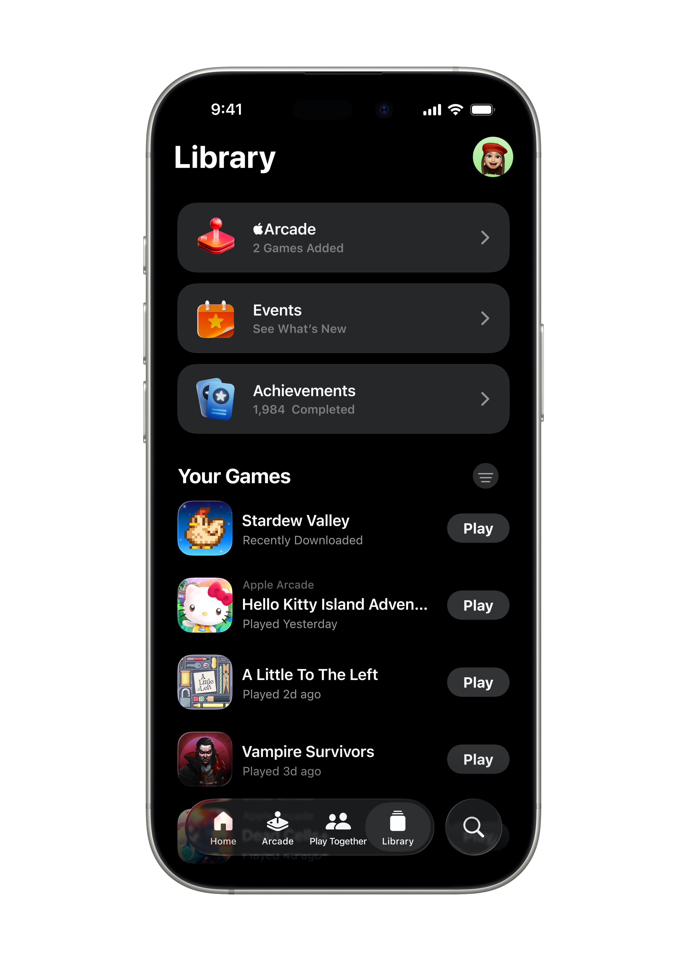 La bibliothèque de l’app Jeux est affichée sur un iPhone 16 Pro.