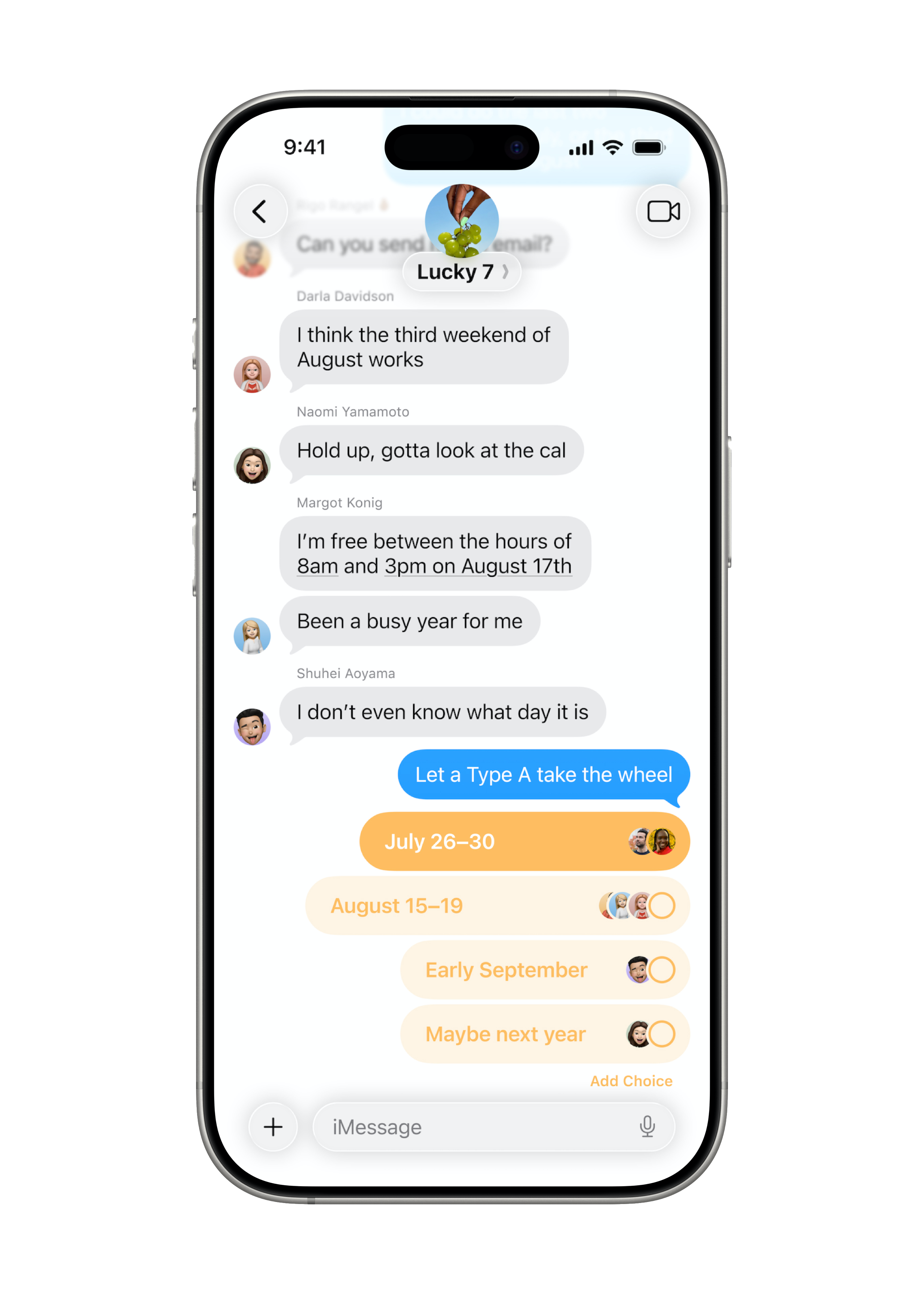 Dans une conversation de groupe au sein de l’app Messages, un utilisateur envoie un sondage à ses amis.
