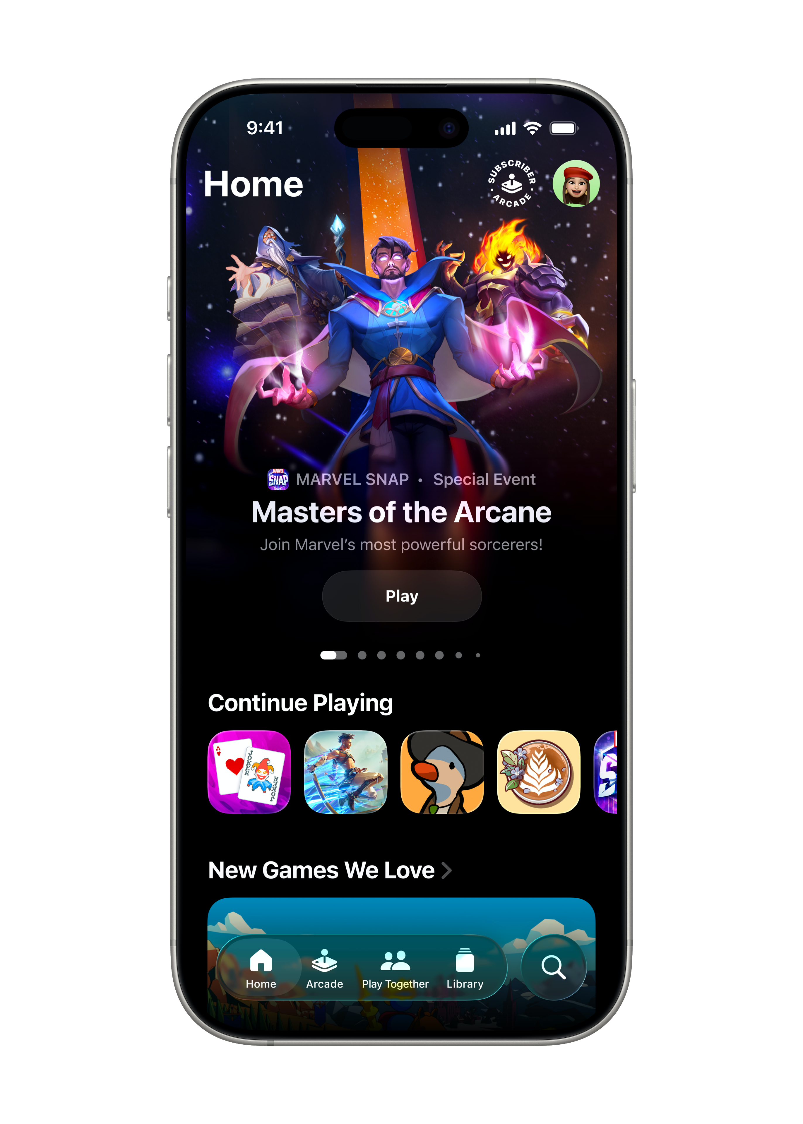 L’onglet Accueil de l’app Jeux est affiché sur un iPhone 16 Pro.