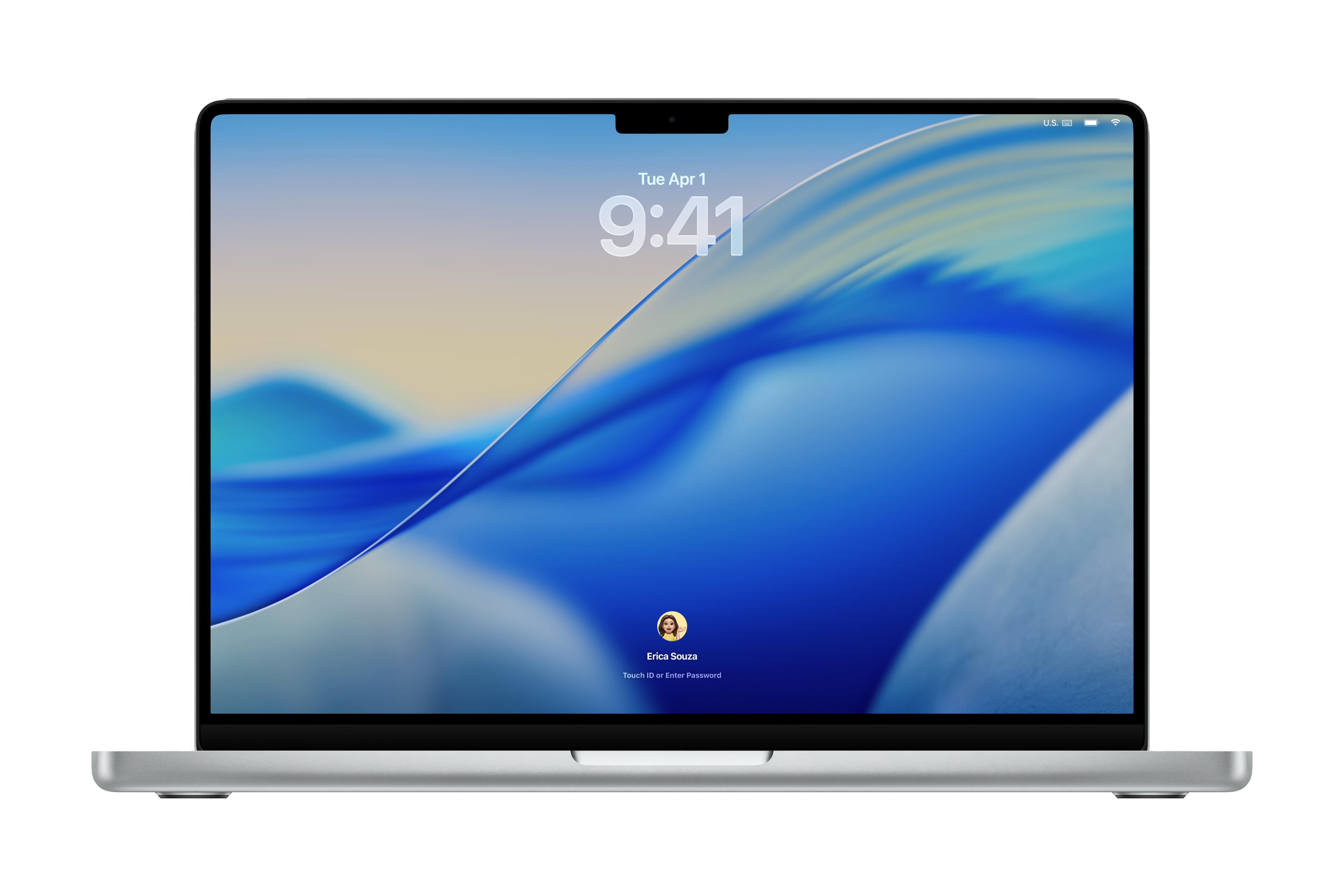 Un MacBook Pro 16 pouces affiche l’écran verrouillé et met en valeur le nouveau design de macOS Tahoe.