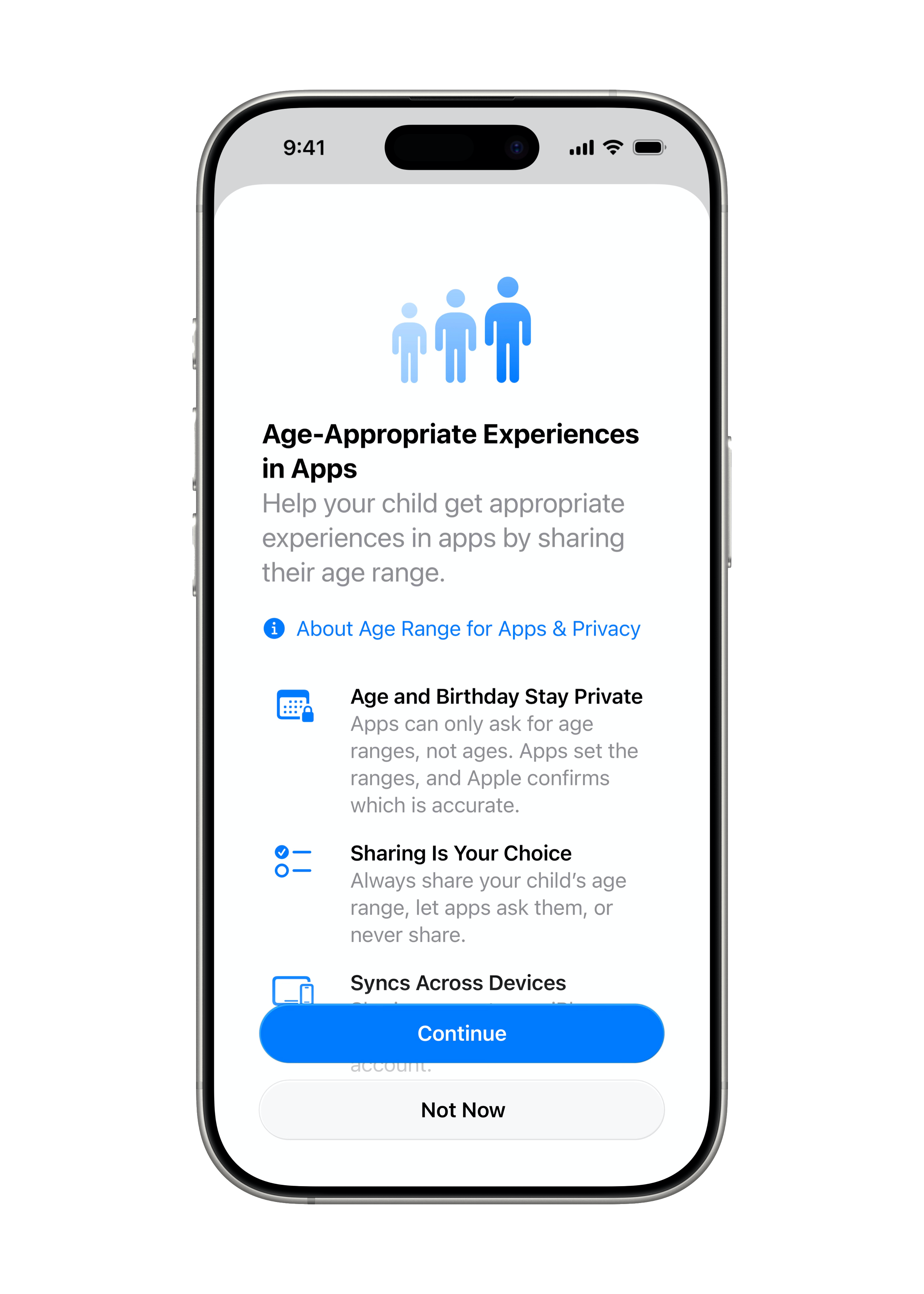 Le menu Child Accounts est affiché sur un iPhone 16 Pro avec un message indiquant « Des expériences adaptées à l’âge dans les apps ».