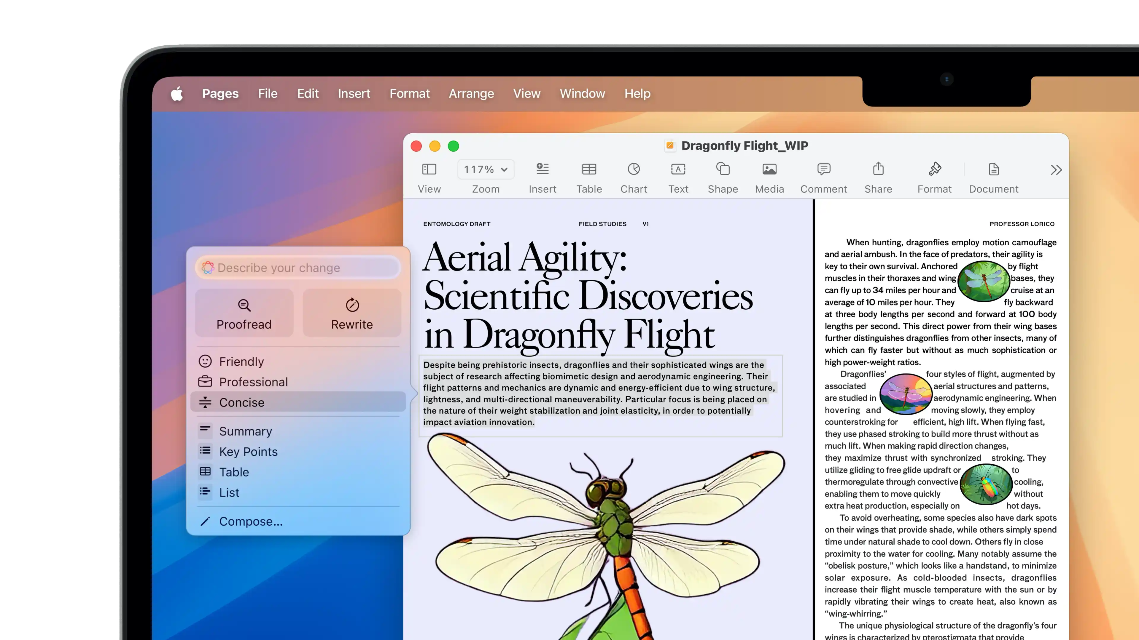 Un MacBook Air affiche les Outils d’écriture avec un texte en surbrillance et l’option Concis sélectionnée dans une liste.