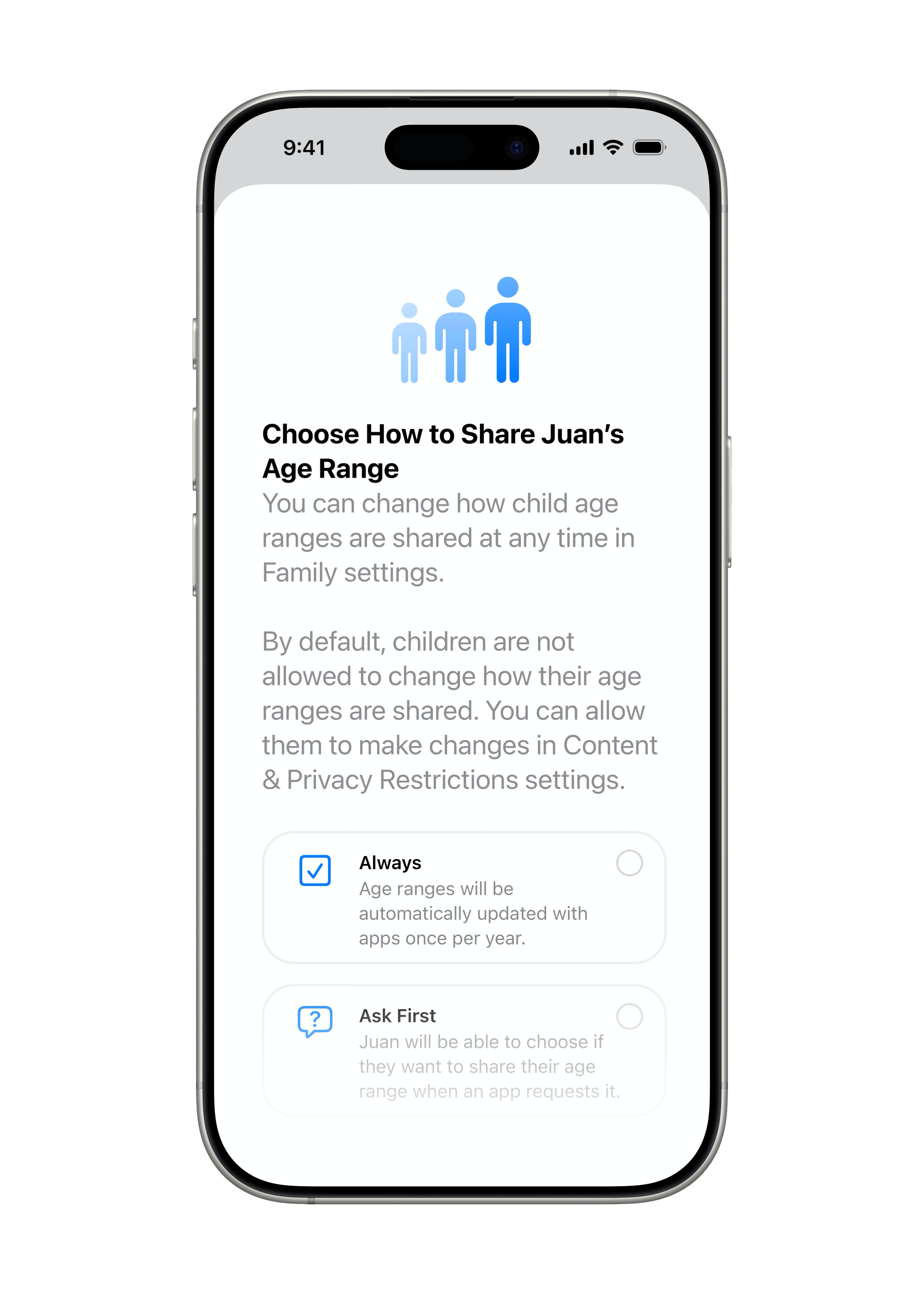Sur un iPhone 16 Pro, il est demandé à l’utilisateur de préciser les modalités de partage de la tranche d’âge en sélectionnant « toujours » ou « demander au préalable ».
