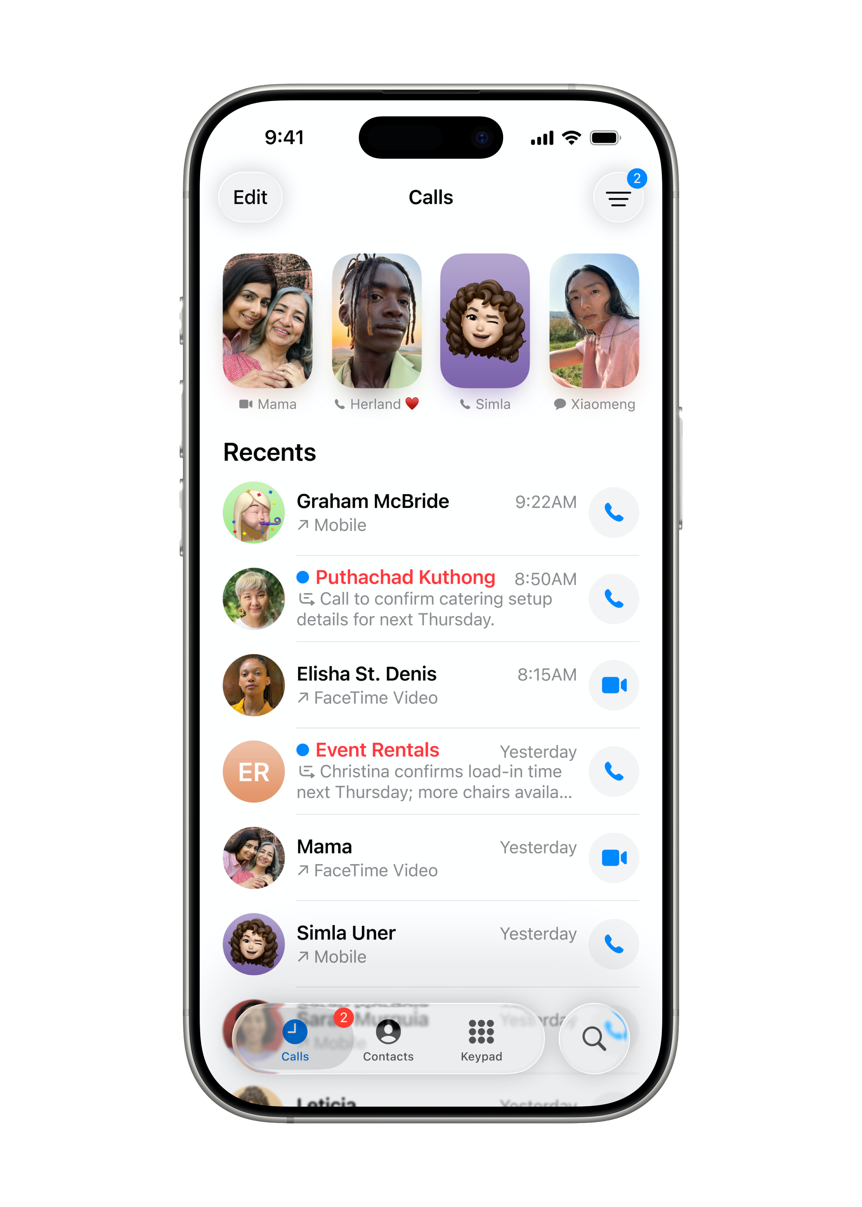 La nouvelle interface unifiée de l’app Téléphone est affichée sur un iPhone 16 Pro.