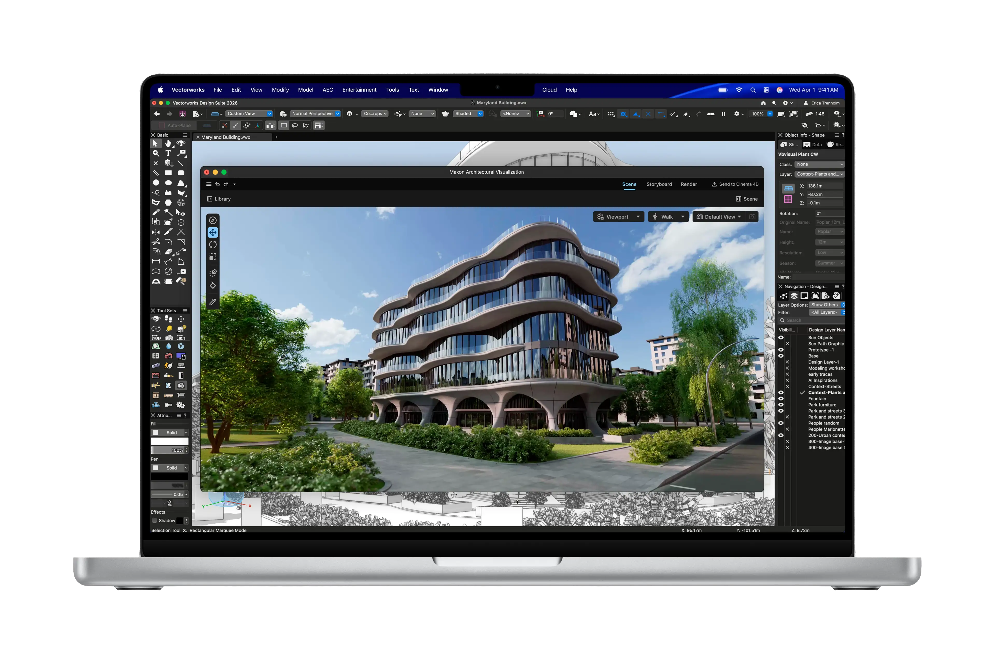 Un MacBook Pro affiche un rendu d’architecture dans Vectorworks.