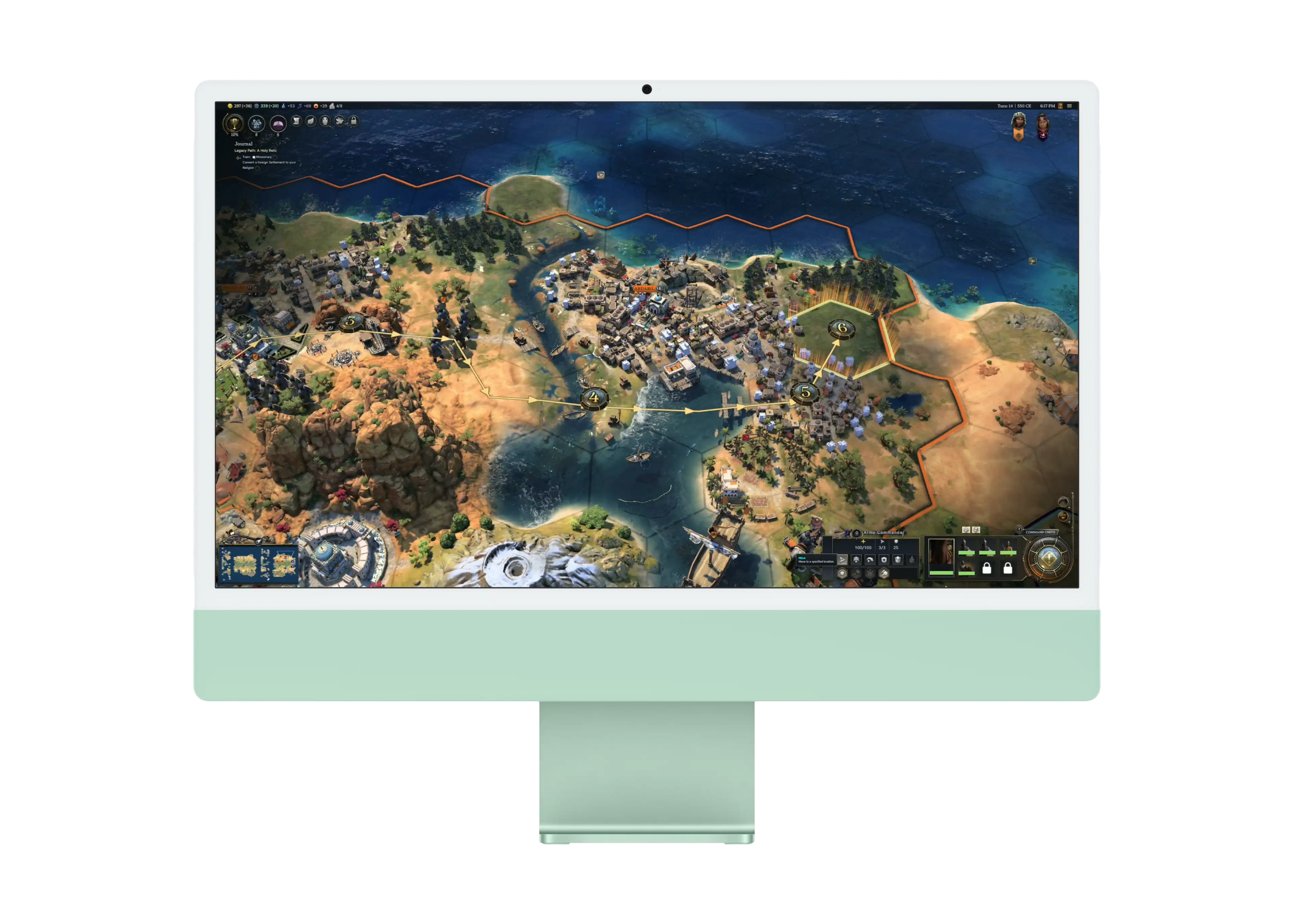 Une personne joue à Civilization VII sur un iMac vert.