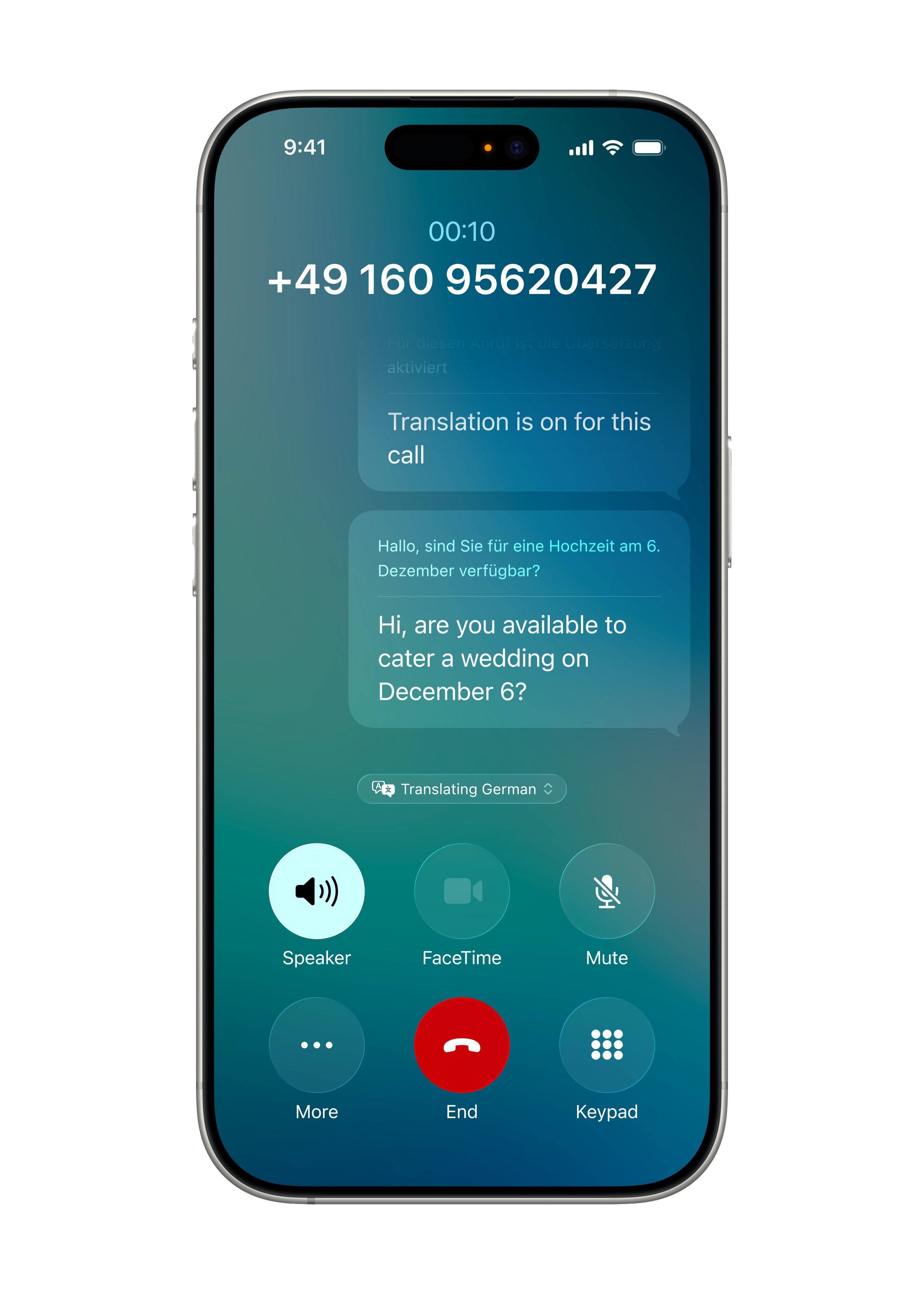 La fonctionnalité Traduction en direct est affichée dans Téléphone sur un iPhone 16 Pro.