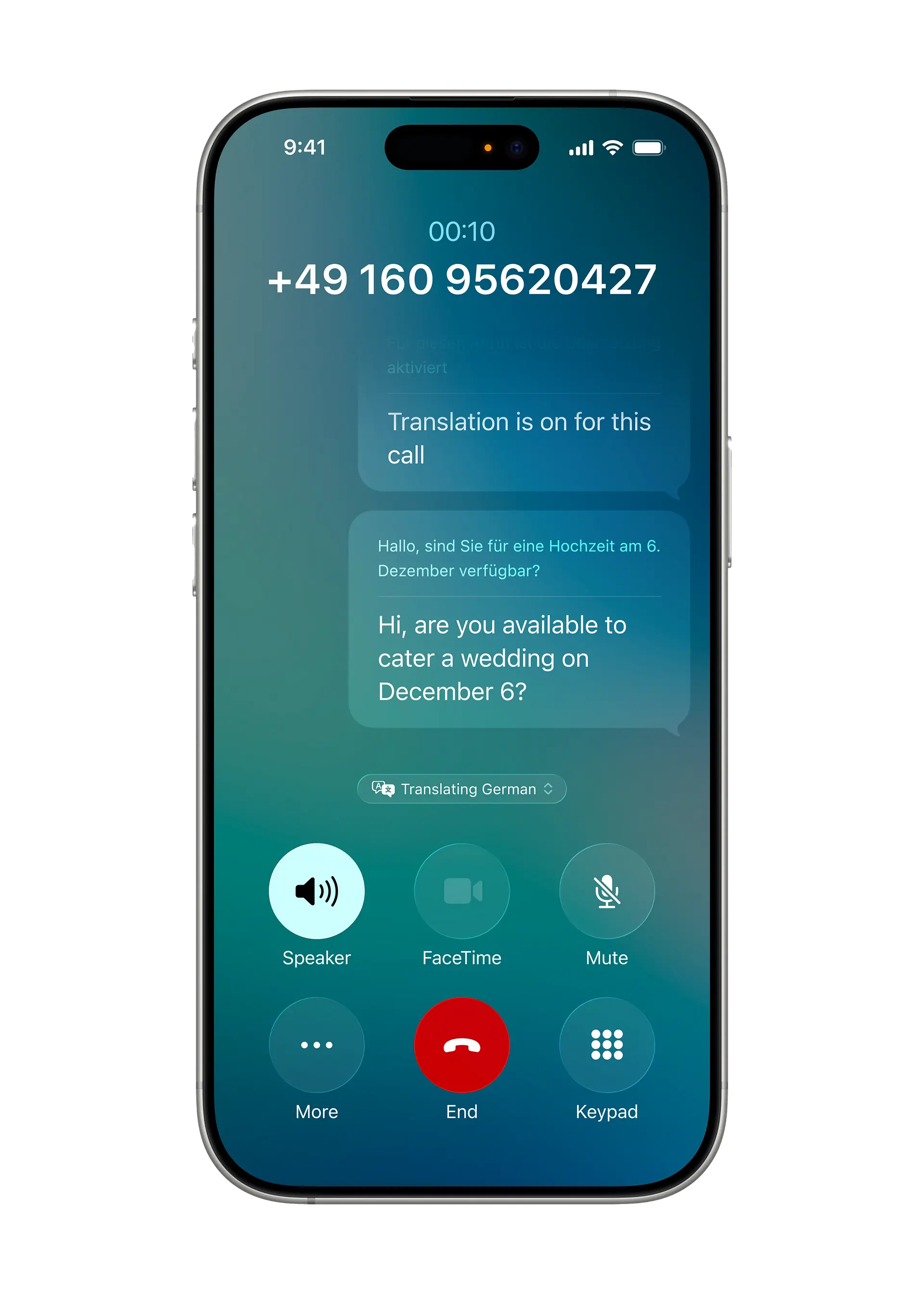 La fonctionnalité Traduction en direct est affichée dans Téléphone sur un iPhone 16 Pro.