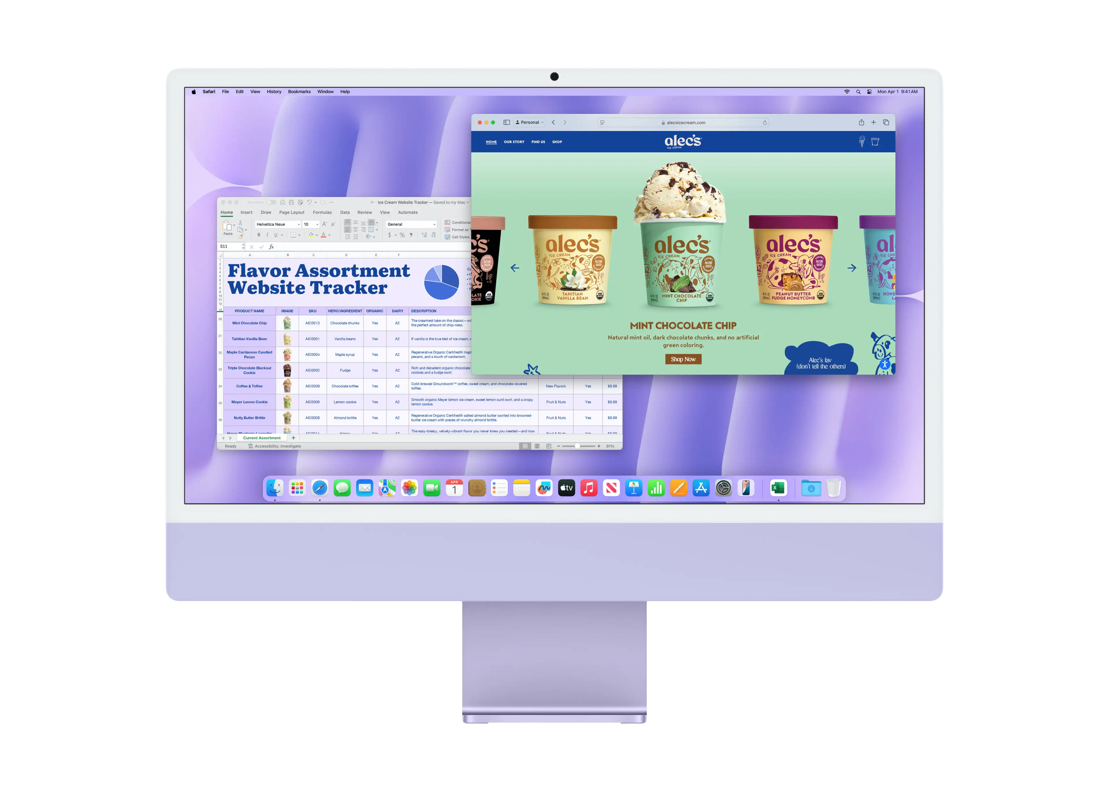Sur un iMac mauve, deux fenêtres sont ouvertes et une personne travaille à la fois dans Safari et dans Excel.