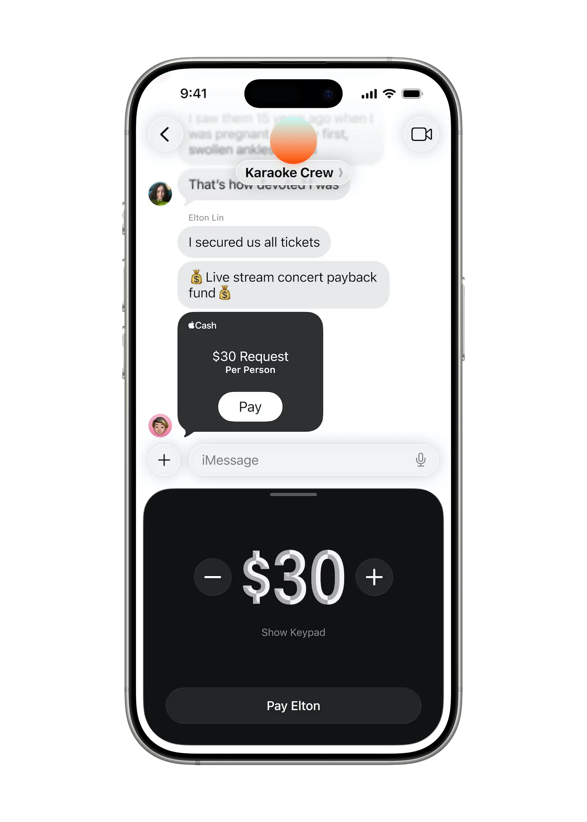 Dans une conversation de groupe au sein de l’app Messages, un utilisateur reçoit une demande de versement Apple Cash émanant d’un ami.