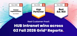 HUB Intranet awarded G2 Fall 2026 Grid® Report badges for Fastest Implementation Mid-Market, High Performer, and Best Estimated ROI based on verified customer reviews