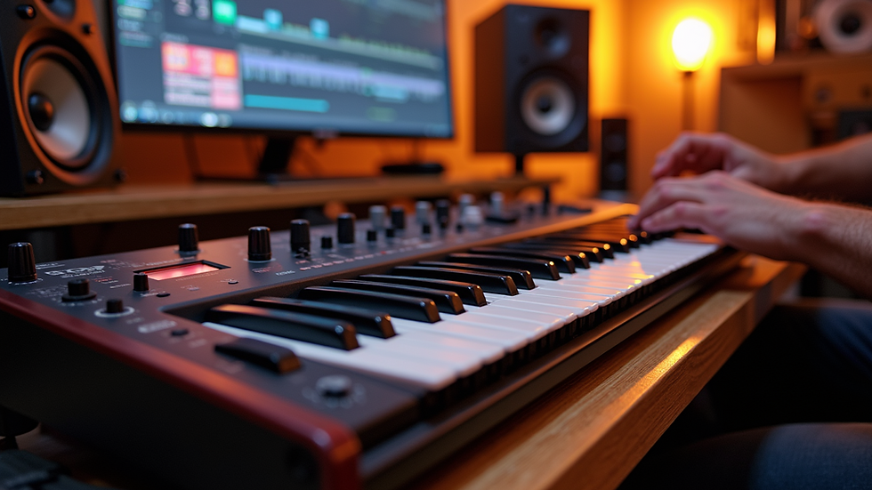 Eye-level view of a MIDI keyboard controller on a desk with studio monitors