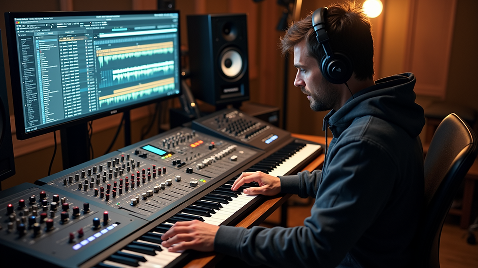 High angle view of a music producer working with a digital audio workstation