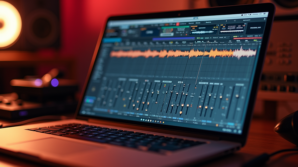 Eye-level view of a laptop with music production software open
