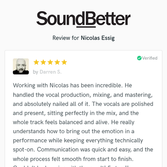Client testimonial for Nico Essig's professional mixing, has been incredible. He handled the vocal production, mixing, and mastering, and absolutely nailed all of it. The vocals are polished and present, sitting perfectly in the mix, and the whole track feels balanced and alive. He really understands how to bring out the emotion in a performance while keeping everything technically spot-on. Communication was quick and easy, and the whole process felt smooth from start to finish.
