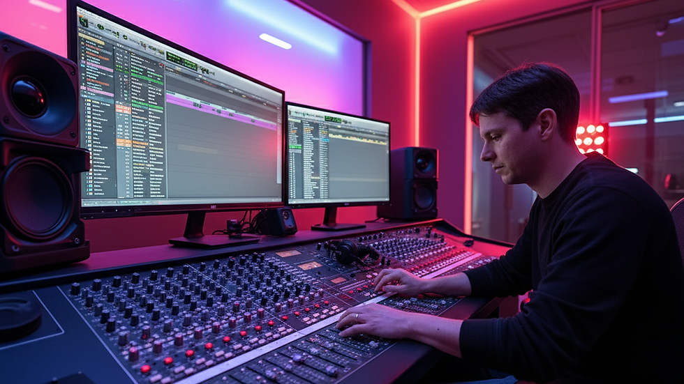 Close-up view of a mixing console with colorful knobs and sliders