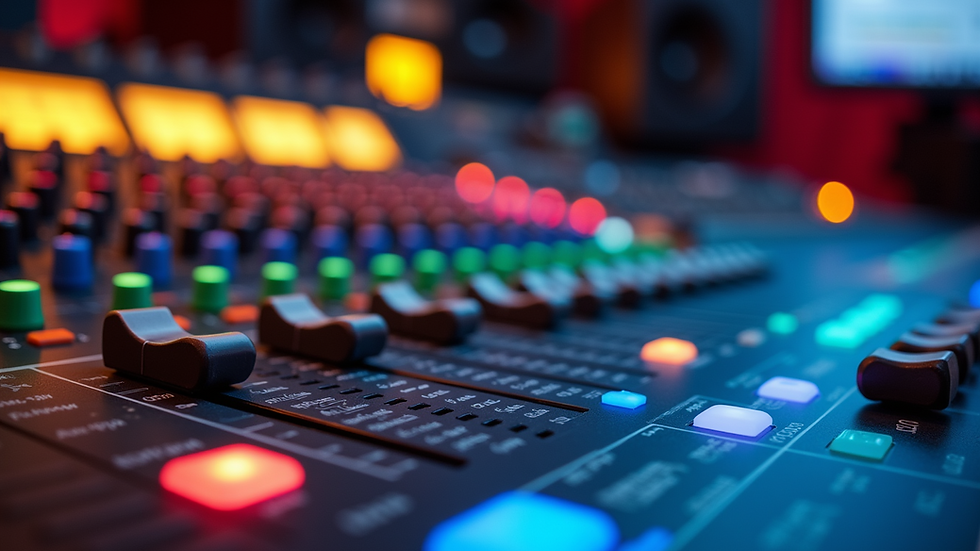 Close-up view of mixing board with colorful sound levels