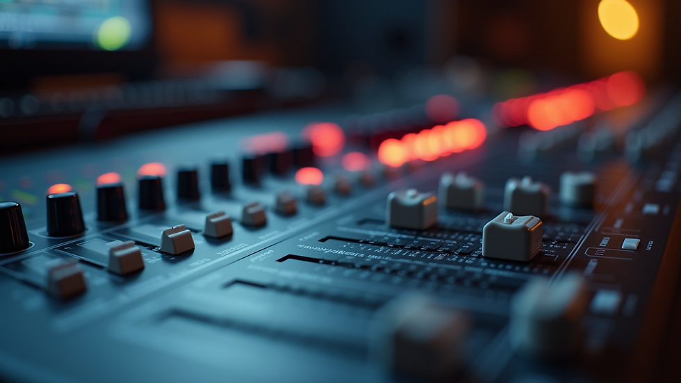Close-up view of mixing console with faders and knobs