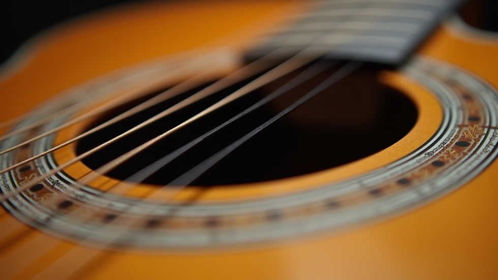 Close-up view of an acoustic guitar's soundhole and strings
